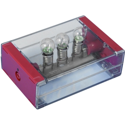 E10 fittingen met 3 parallel geschakelde lampjes op een zeer robuust transparant kastje - bedoeld om elektrische schakelingen te bouwen en uit te leggen in de klas. Leg het verschil uit tussen serie- en parallele schakelingen. Zes 4mm veiligheidsaansluitingen aan de linker- en rechterkant. De voordelen van deze kastjes met schakelelementen: Gunstige prijs Volledig transparant voor goed leereffect 4mm veiligheidsaansluitingen Zeer robuuste polycarbonaat kunststof kastje met een draagvermogen tot 100 kg Componenten zijn eenvoudig te vervangen Afmetingen kastje (l x b x h): 100 x 70 x 33 mm