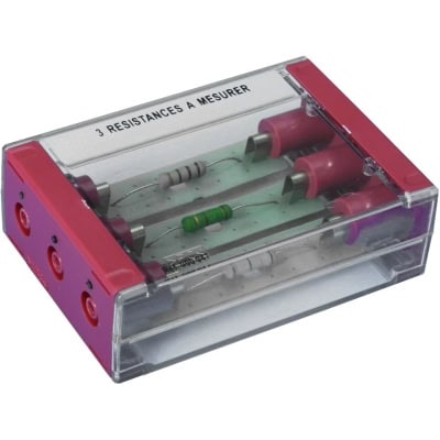 Drie E10 fittingen met lampjes op een transparant kastje, in serie geschakeld - bedoeld om elektrische schakelingen te bouwen en uit te leggen in de klas. Het zeer robuuste polycarbonaat kastje met 4mm veiligheidsaansluitingen is volledig transparant voor een goed leereffect.